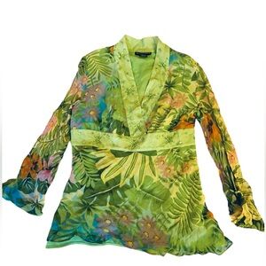Spenser Jeremy Y2K Green Silk Beaded Tropical Floral V Neck Blouse Top